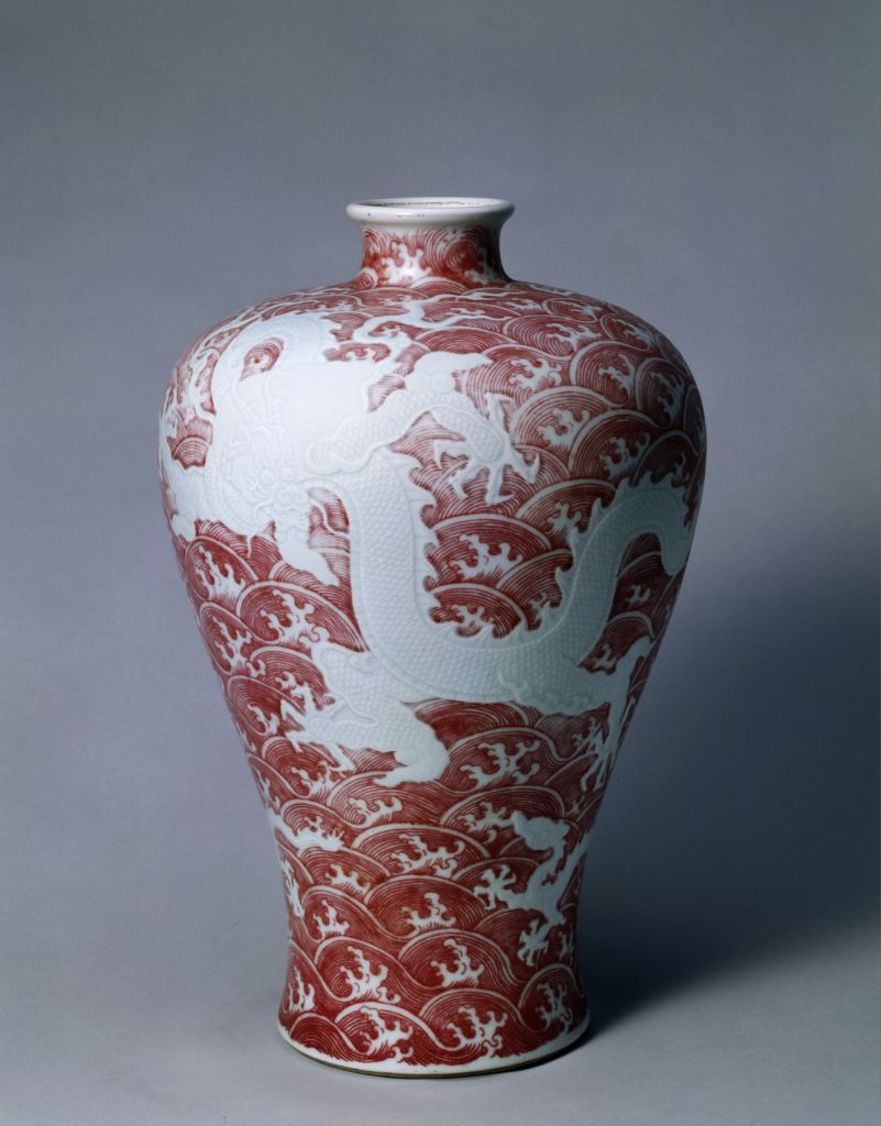中国美術 釉裏紅 龍紋 瓢形 瓶 高43cm(LC597)